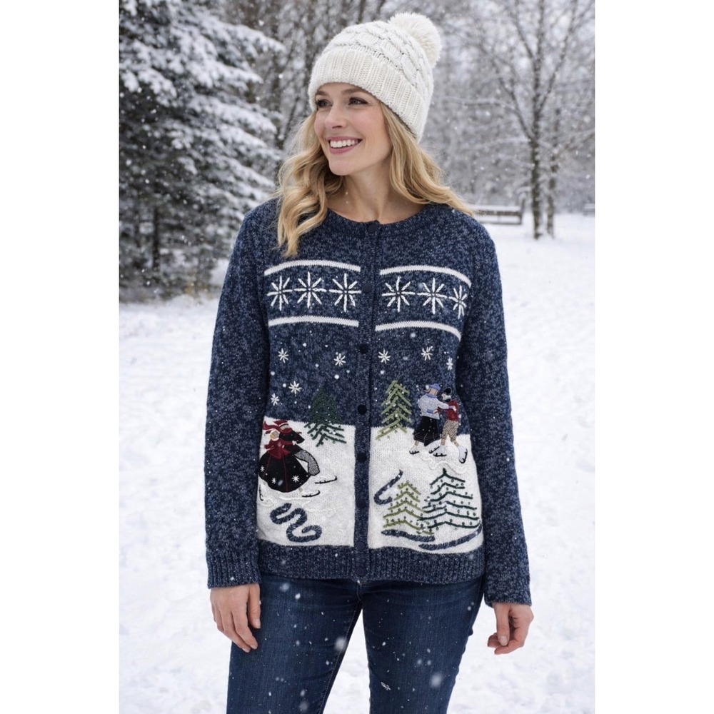 Reference‎ Point Cardigan Women M Blue Excellent Winter Ice Skating Embroidered